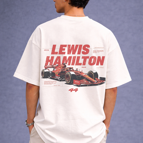Person wearing a white t-shirt with Lewis Hamilton graphic and Formula 1 car design on the back.