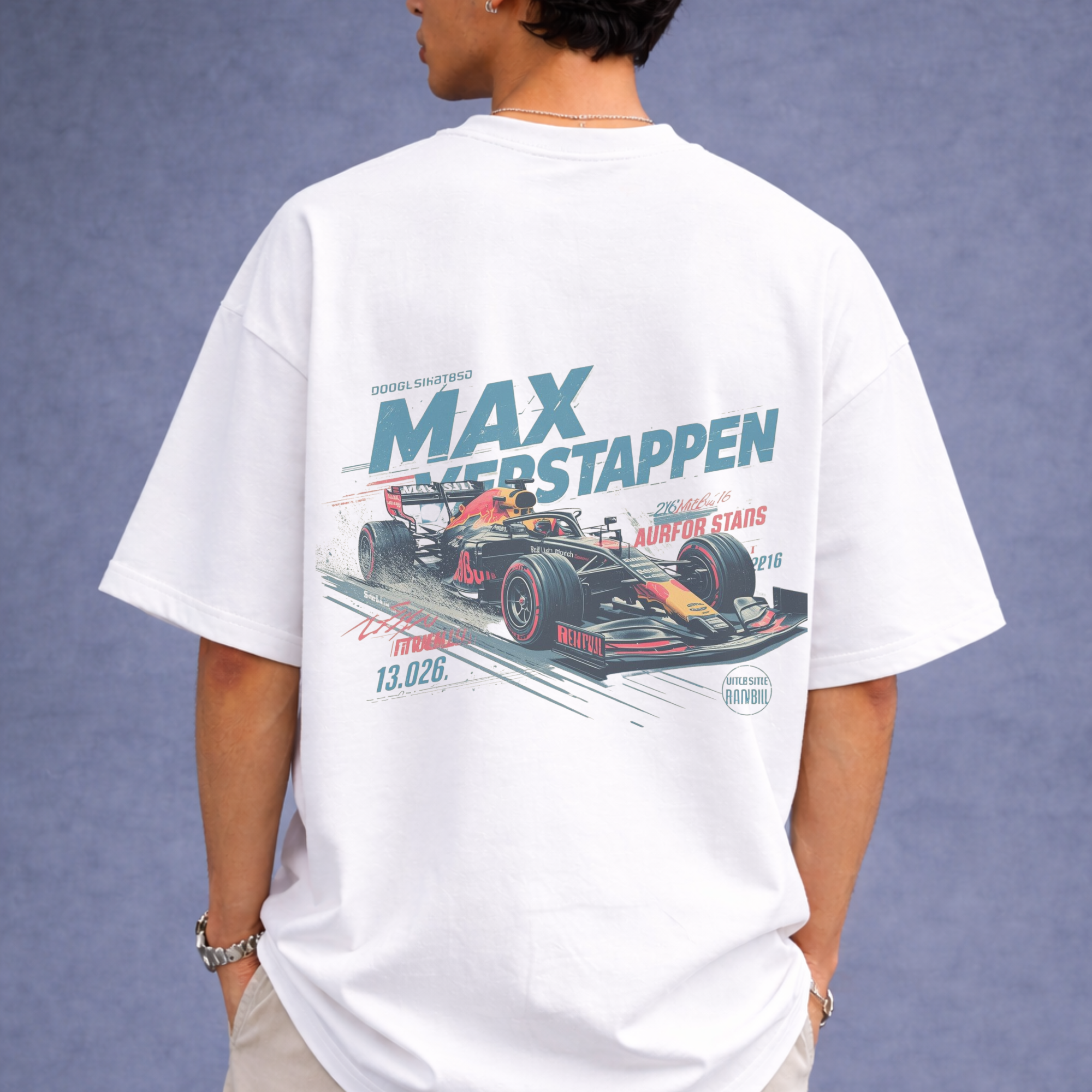 Person wearing a white t-shirt with a Formula 1 car graphic and 'Max Verstappen' text on the back.