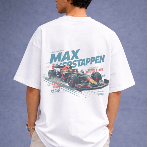 Person wearing a white t-shirt with a Formula 1 car graphic and 'Max Verstappen' text on the back.